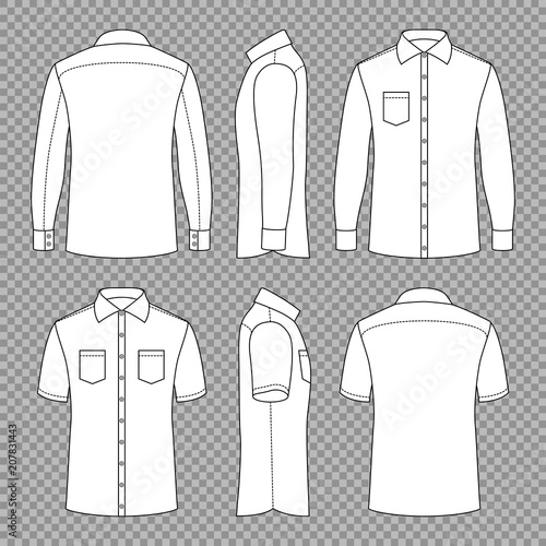 Casual mans blank outline shirts with short and long sleeves in front back and side views. Vector template isolated