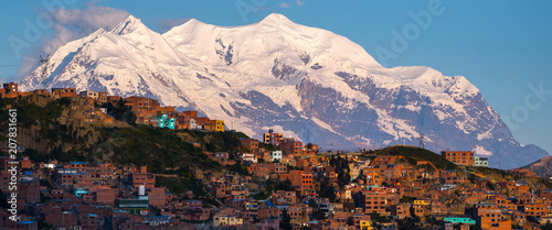 Panorama of the city of La Paz with mountain of Illimani (Aymara) on the background. Bolivia photo