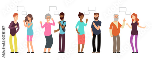 Chatting persons. People group in conversation. Men and women discussing with thinking bubble. Vector communication concept