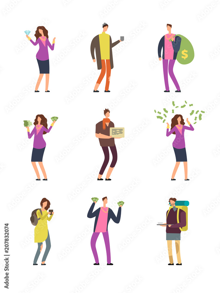 Happy smiling rich and unhappy sad poor people. Social classes vector cartoon characters set isolated on white background