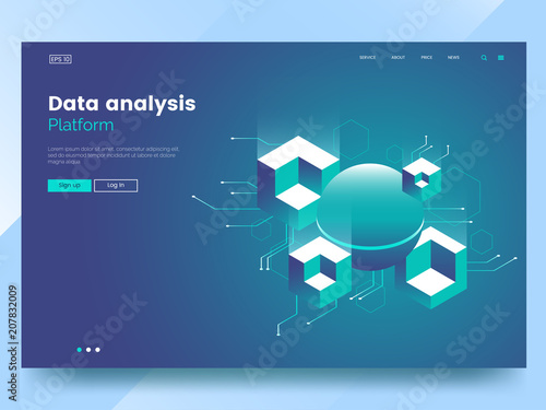 Data analysis abstract isometric technology illustration. Abstract 3d big data visualisation. Web page design concept. Website header layout. Vector eps 10.