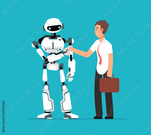 Businessman shaking robots hand. Artificial intelligence, human vs robot vector futuristic background
