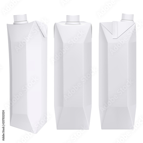 Vector juice box mockup. Milk or juice white carton package mock up isolated on white background. Half, front, side view. Eps 10.