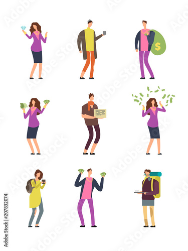 Happy smiling rich and unhappy sad poor people. Social classes vector cartoon characters set isolated on white background