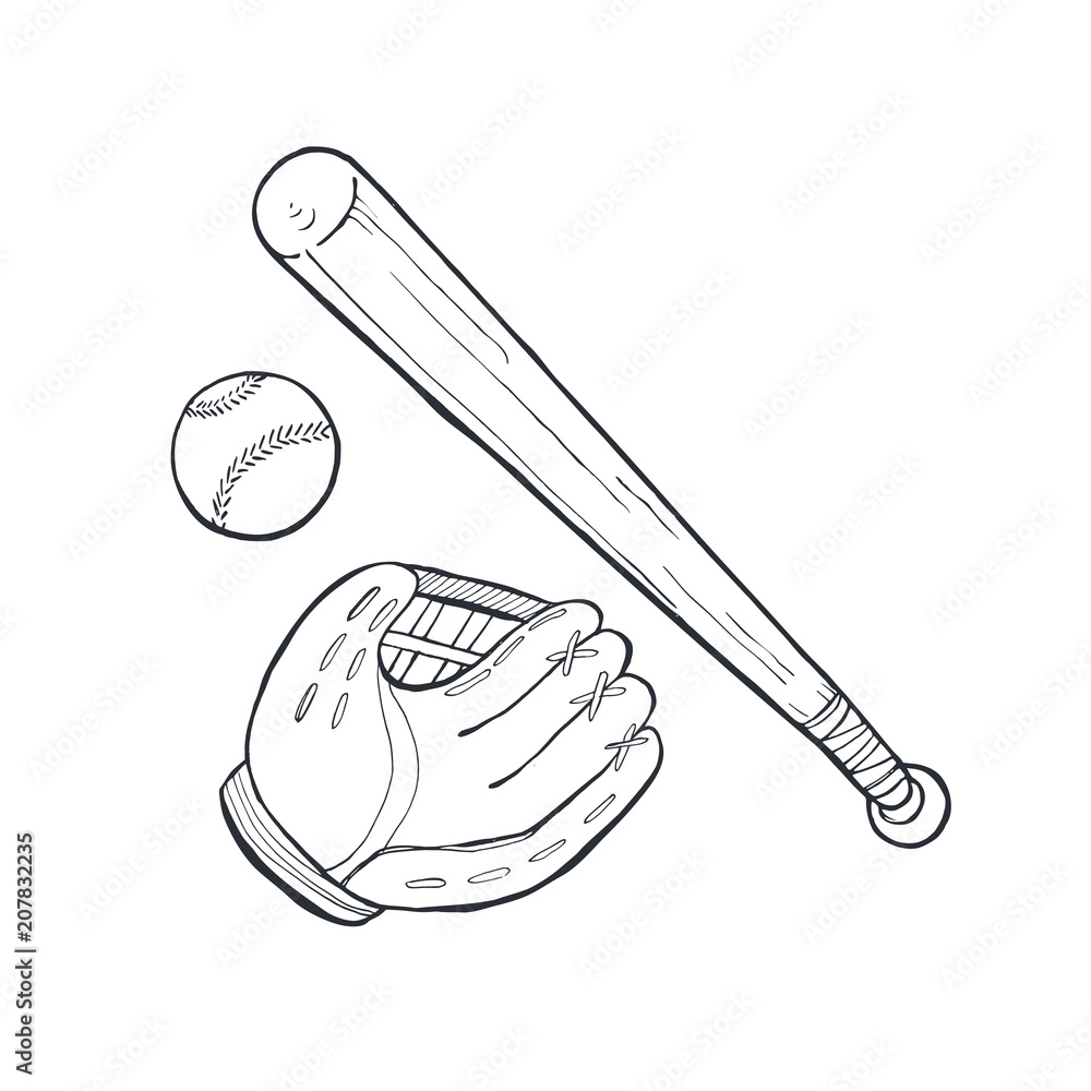 Hand drawn baseball accessories isolated on white background. Baseball