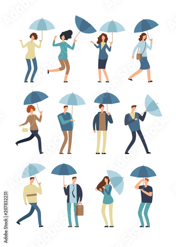 Cartoon people with umbrella in rainy day. Man and woman in raincoat under rain vector flat characters isolated