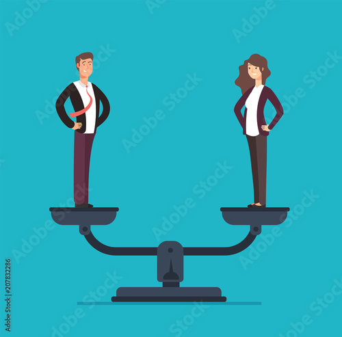 Gender equality with businessman and businesswoman on scales. Equal pay and opportunity business vector concept