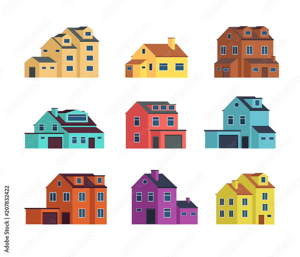 Houses front view. Urban and suburban house, town buildings, and cottage housing. Isolated vector illustration