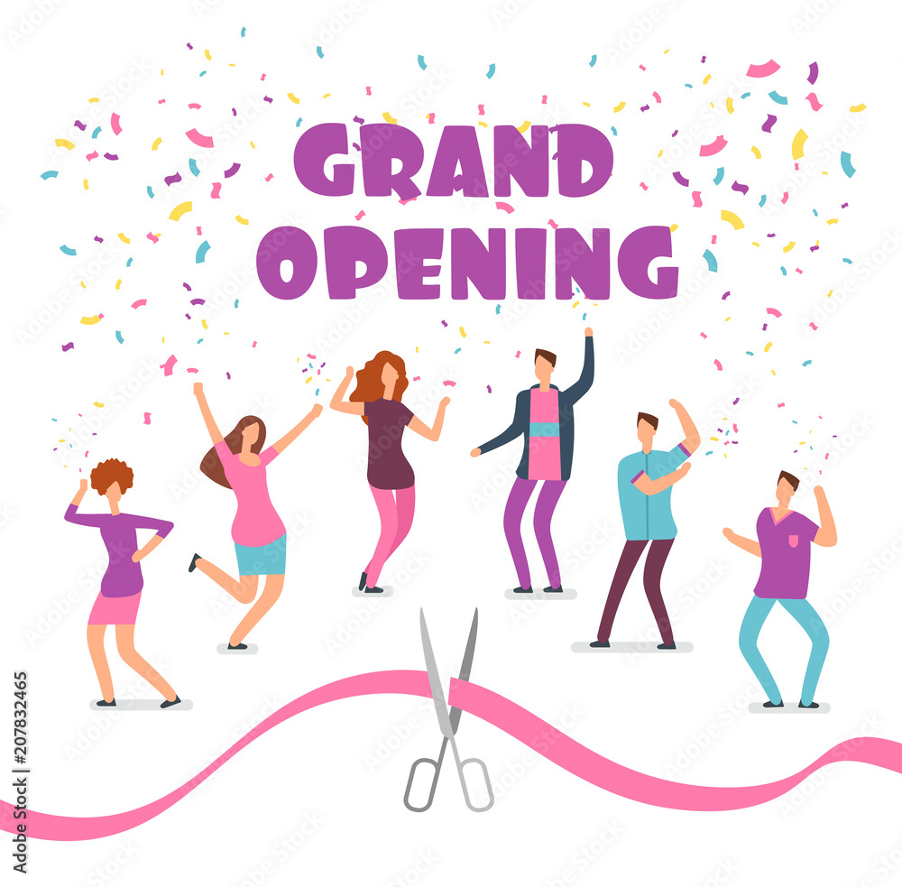 Grand opening concept with happy dancing people at party and red ribbon with scissors cartoon vector illustration Grand opening concept with happy dancing people at party and red ribbon with scissors cartoon vector illustration