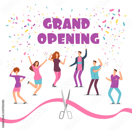 Grand opening concept with happy dancing people at party and red ribbon with scissors cartoon vector illustration