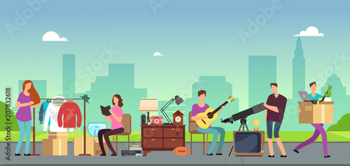 People selling and shopping second hand clothes, vintage goods at flea market. Bangkok bazaar with vintage things vector illustration