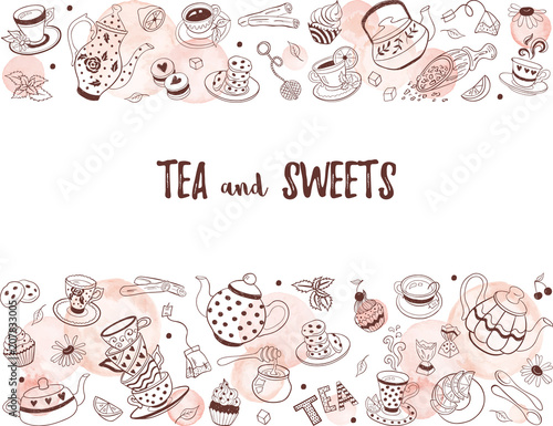 Horizontal border from tea time doodle elements. Hand drawn tea vector frame. Teapots, cups, cupcakes and sweets with watercolor circles on white background. Menu design template.