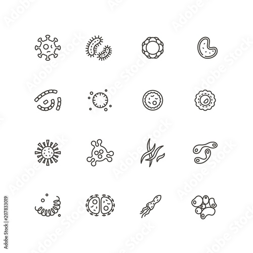 Microbes, virus and pathogen line icons. Bacteriology hygiene and infection outline vector isolated symbols