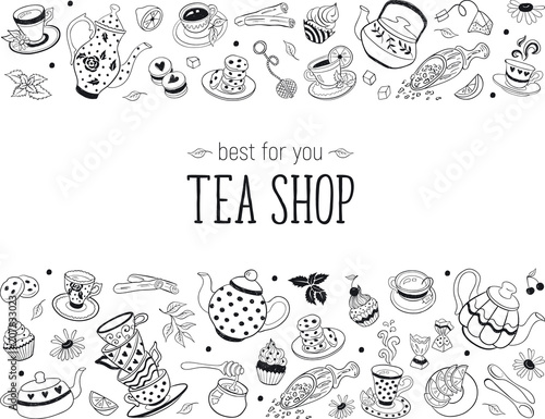 Tea time doodle elements in horizontal border. Teapots, cups, cupcakes and sweets isolated on white background. Tea shop design template.