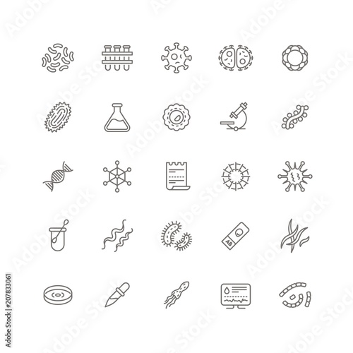 Contagion microbes, flu viruses and microorganisms line icons. Clinical laboratory equipment and microbiology vector isolated symbols
