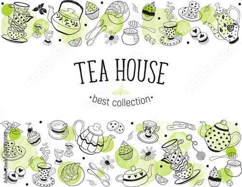 Horizontal border from tea time doodle elements. Teapots, cups, cupcakes and sweets with watercolor circles on white background. Tea house design template.