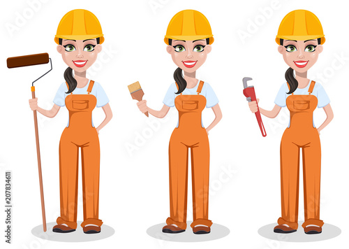 Beautiful female builder in uniform