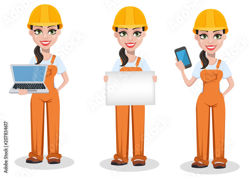 Beautiful female builder in uniform