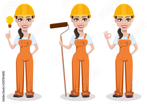 Beautiful female builder in uniform