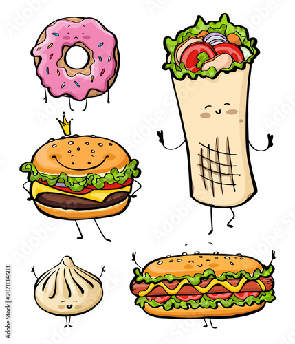 Cartoon fast food unhealthy burger, hamburger, kebab, hotdog, donut, khinkali, restaurant menu snack illustration.