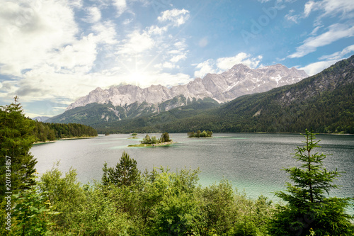 View to lake Eibsee and Zugspitze  Germany s highest mountain in the bavarian alps  Bavaria Germany
