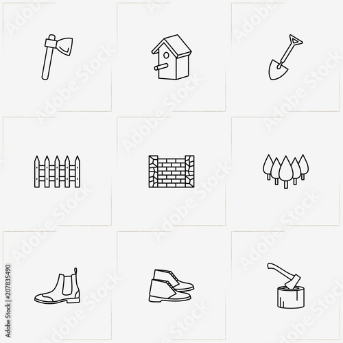 Gardening line icon set with trees, birdhouse and shovel