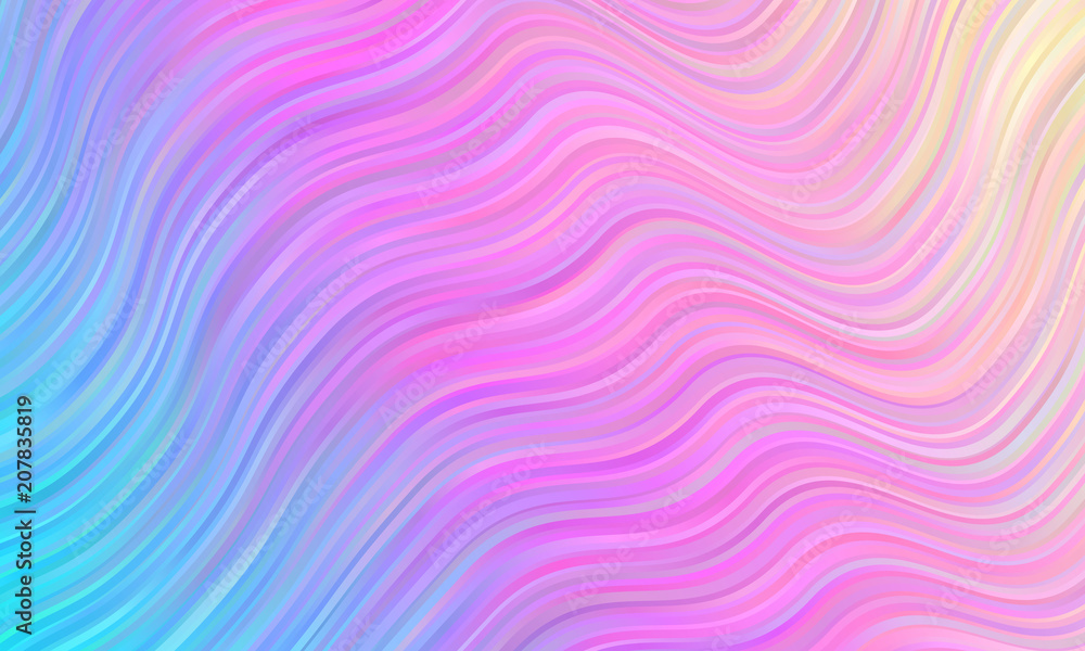 Vivid Gradient Distorted Wavy Stripes Vector Background. Holographic Pastel Rainbow Fluid Texture. Psychedelic Color Neon Surface in Cyan, Blue, Pink, Violet, Magenta and Yellow.