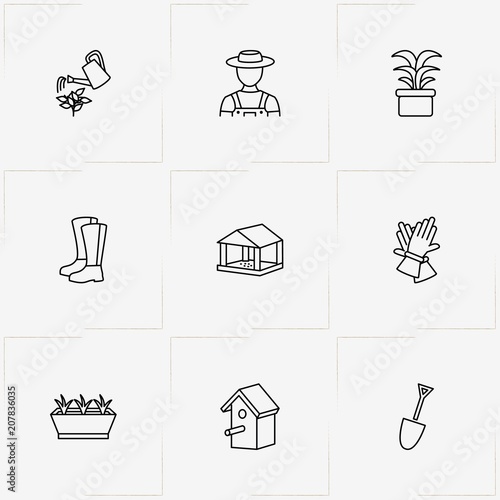 Gardening line icon set with watering can, birdhouse and shovel
