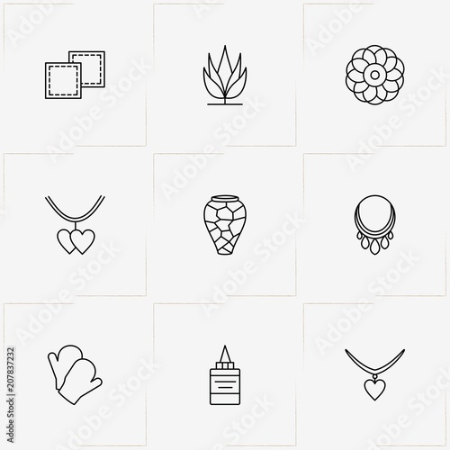 Hand Made line icon set with flower, glue and handkerchief