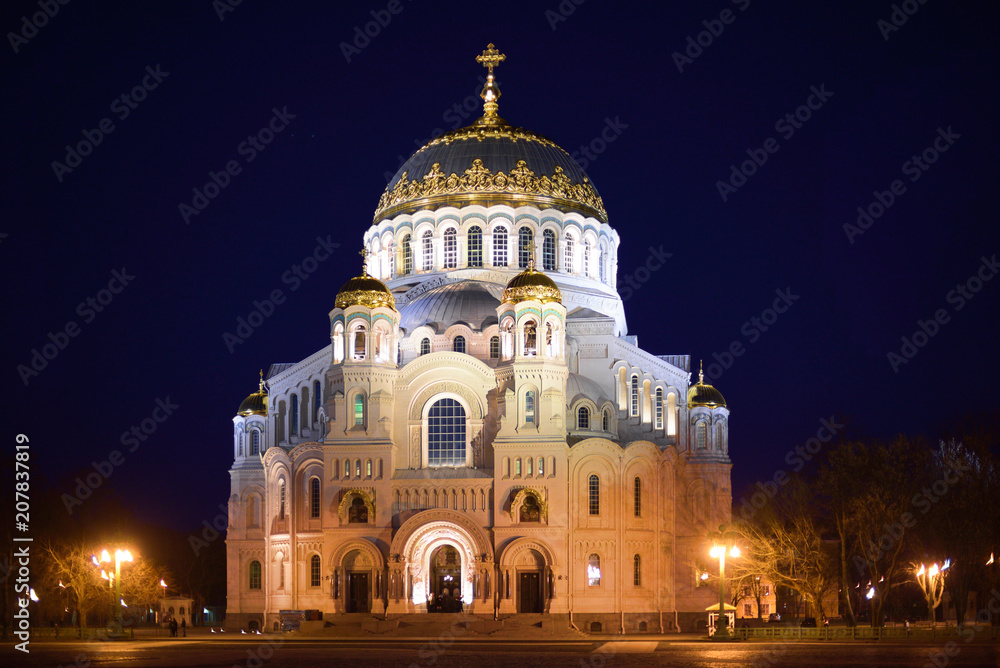 The Naval cathedral of Saint Nicholas in Kronstadt. Night view. St. Petersburg, Russia.