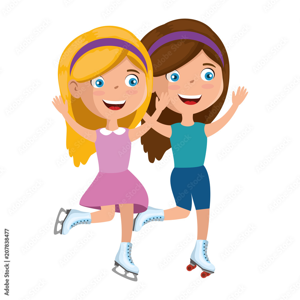 little girls friends skating characters vector illustration design little girls friends skating characters vector illustration design