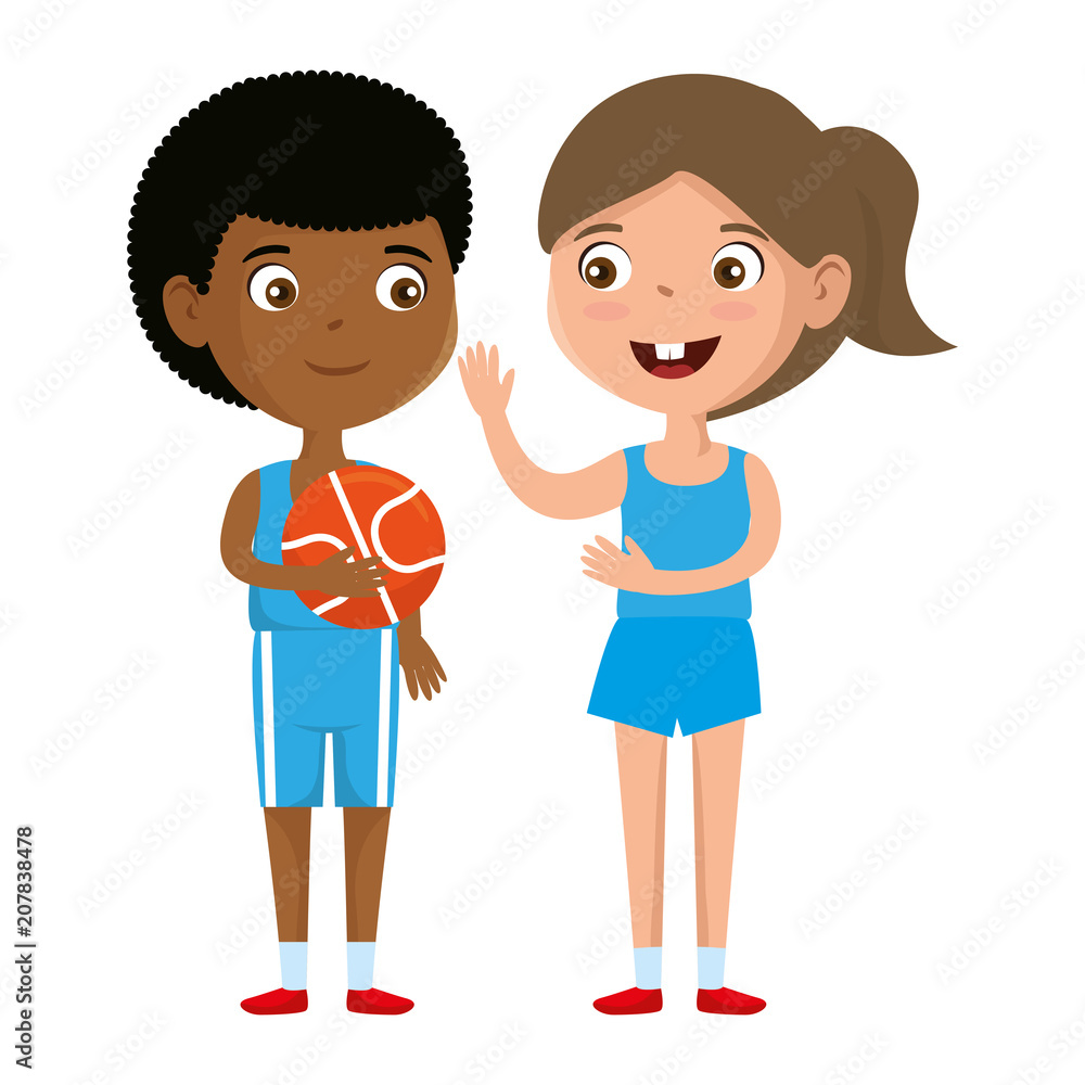 little kids couple playing basketball characters vector illustration design