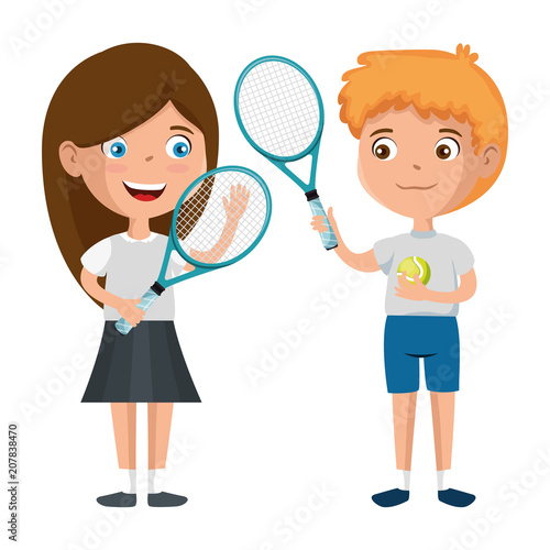 little kids couple playing tennis characters vector illustration design