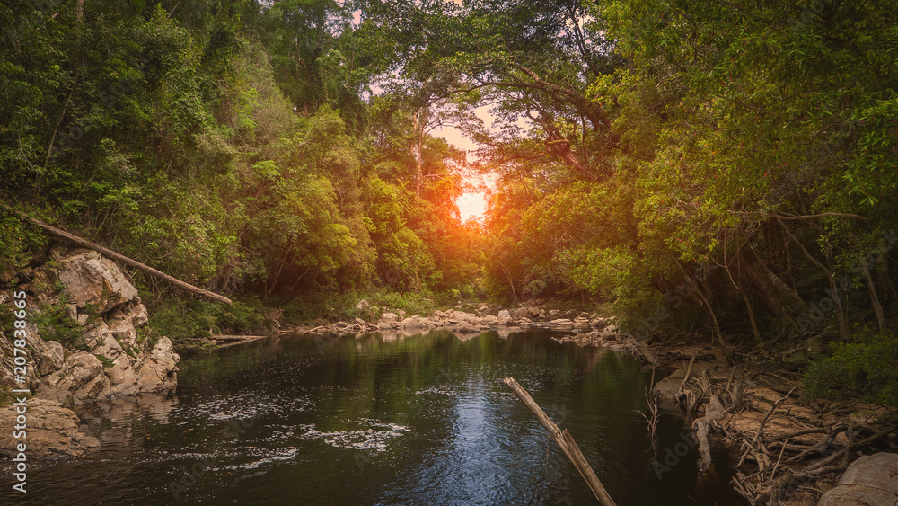 Beautiful sunset over peaceful river in a deep jungle Beautiful sunset over peaceful river in a deep jungle