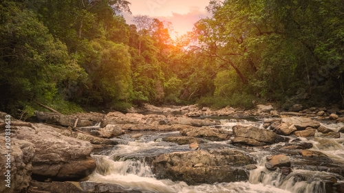 Beautiful sunset over peaceful river in a deep jungle