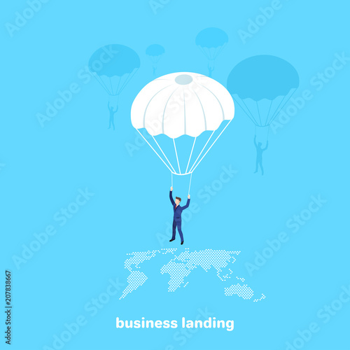 a man in a business suit flies on a parachute over a map of the earth, an isometric image
