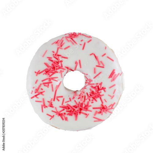 Delicious glazed white donut with pink sprinkles isolated on white background