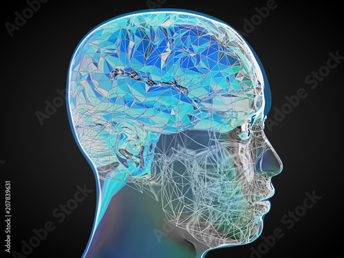 3d Illustration of a transparent human refractive skull with colorful polygon styled brain