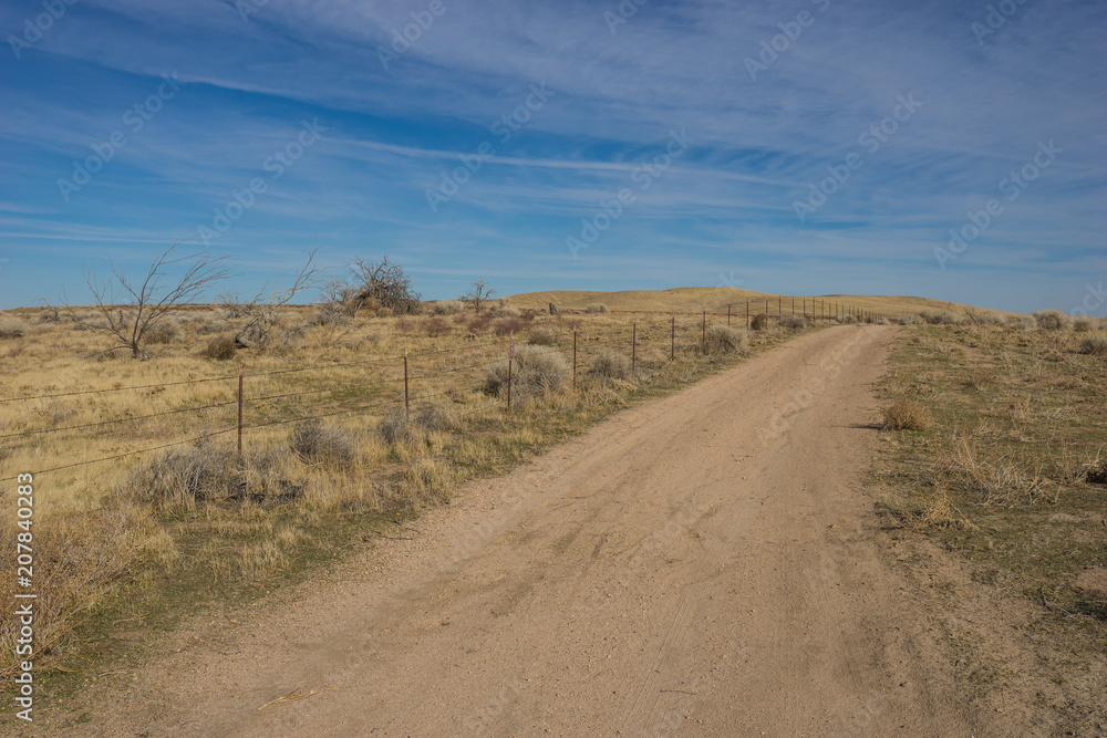 Barbed wire fence borders a dirt road in the wilderness of southern California Mojave Desert. Barbed wire fence borders a dirt road in the wilderness of southern California Mojave Desert.