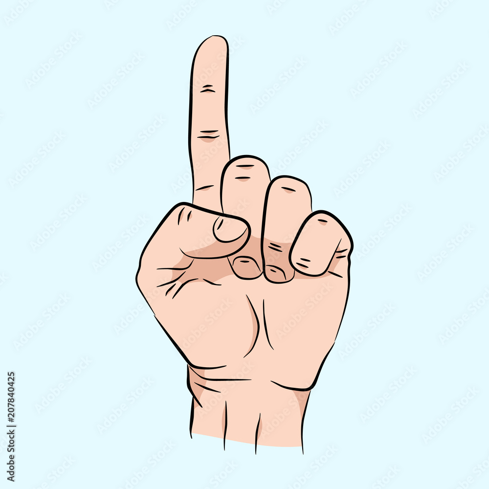 Pointing finger. Vector illustration isolated on a blue background. Hand sign for web, poster, info graphic Pointing finger. Vector illustration isolated on a blue background. Hand sign for web, poster, info graphic