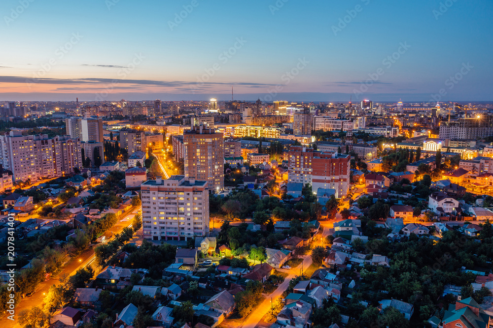 Obraz premium Night Voronezh aerial summer cityscape from rooftop. Residential area