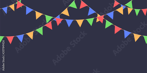 Seamless garland with celebration flags chain, red, blue, green, yellow pennons on dark background, footer and banner for decoration