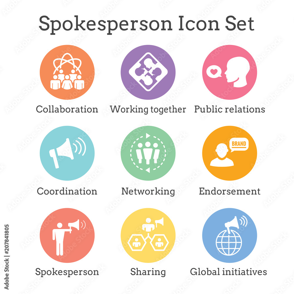 Spokesperson icon set - bullhorn, coordination, pr, and public relations person set Spokesperson icon set - bullhorn, coordination, pr, and public relations person set