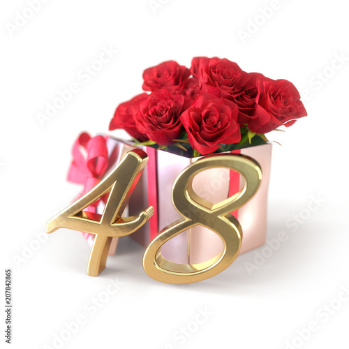 birthday concept with red roses in gift isolated on white background. forty-eighth. 48th. 3D render