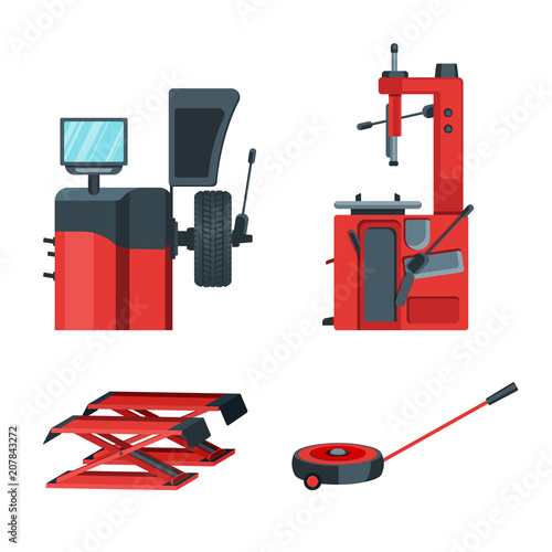 Cars tire balancing and fitting equipment. Automobile jacks isolated vector illustration.