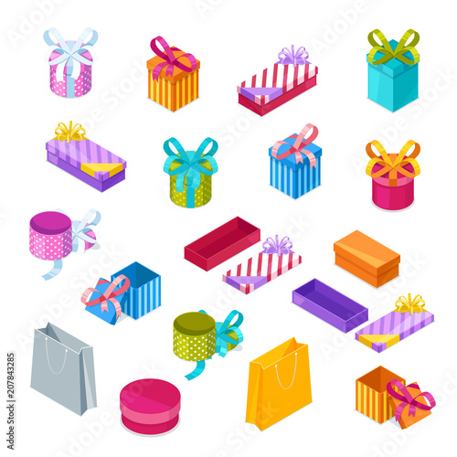 Multicolor gift boxes, vector 3d style isometric icons. Open and close holiday presents