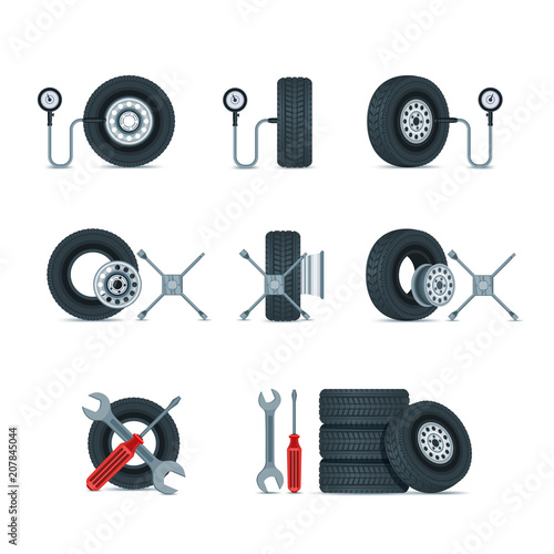 Pressure diagnostic and replacement wheels tools. Automobile tires, discs vector icons set. Car service design elements.