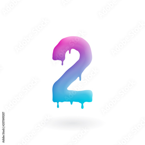 Number 2 logo. Colored paint two icon with drips. Dripping liquid symbol. Isolated art concept vector.