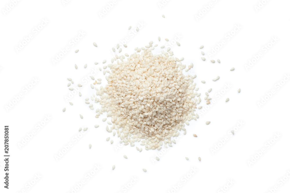 Pile of white sesame seeds on white background, Top view. Pile of white sesame seeds on white background, Top view.