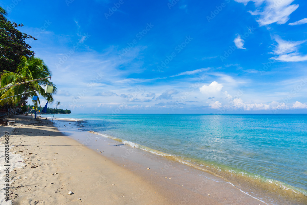 Tropical beach with coconut trees and blue sky in Koh Lanta island, Thailand.